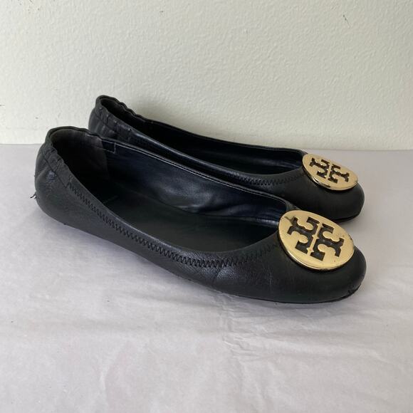 Tory Burch Reva Flats Size 8 Black Gold Leather Logo Travel Ballet *well worn - Picture 5 of 13